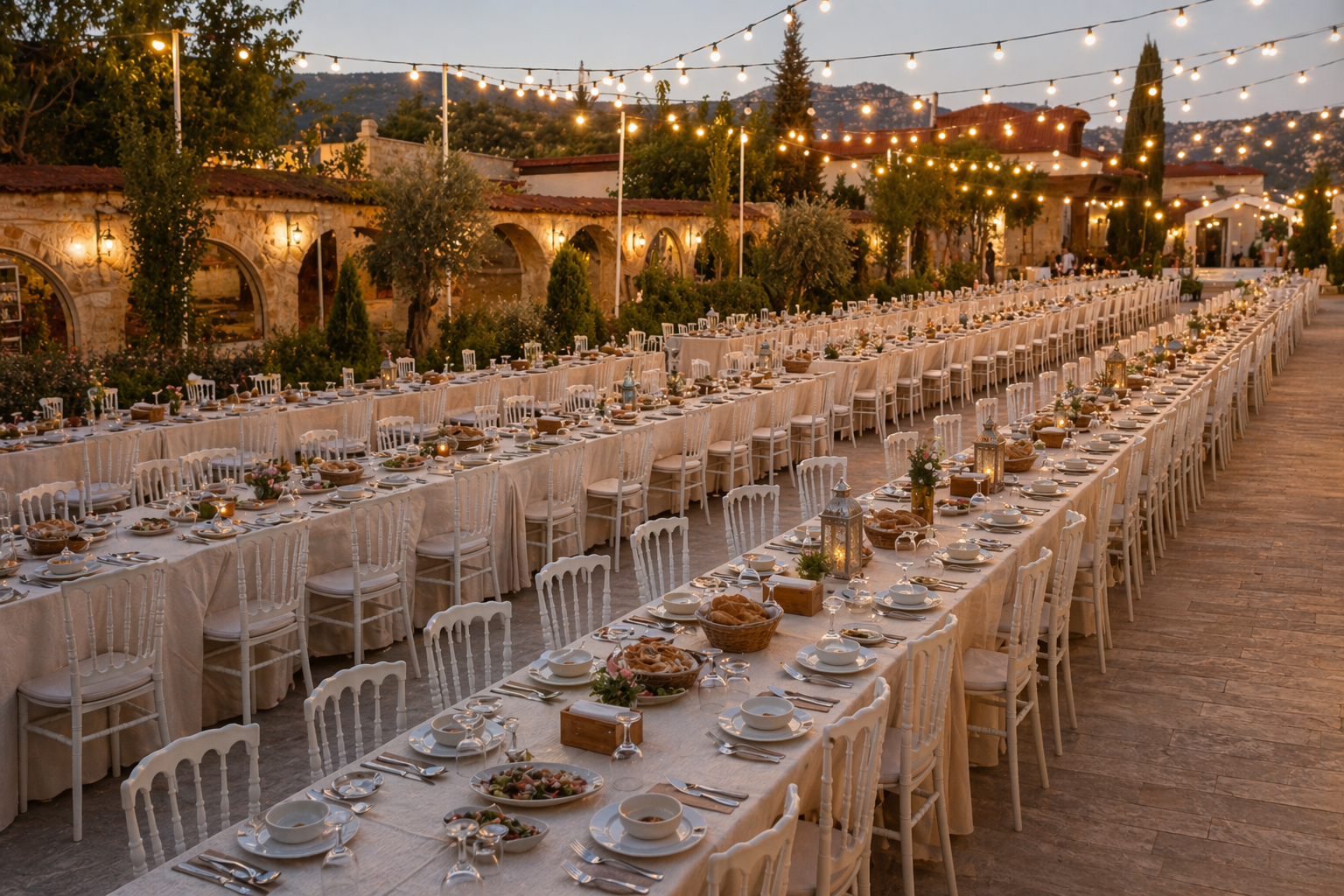 Toplu yemek ve davet düzeni için kurulmuş uzun masa grubu