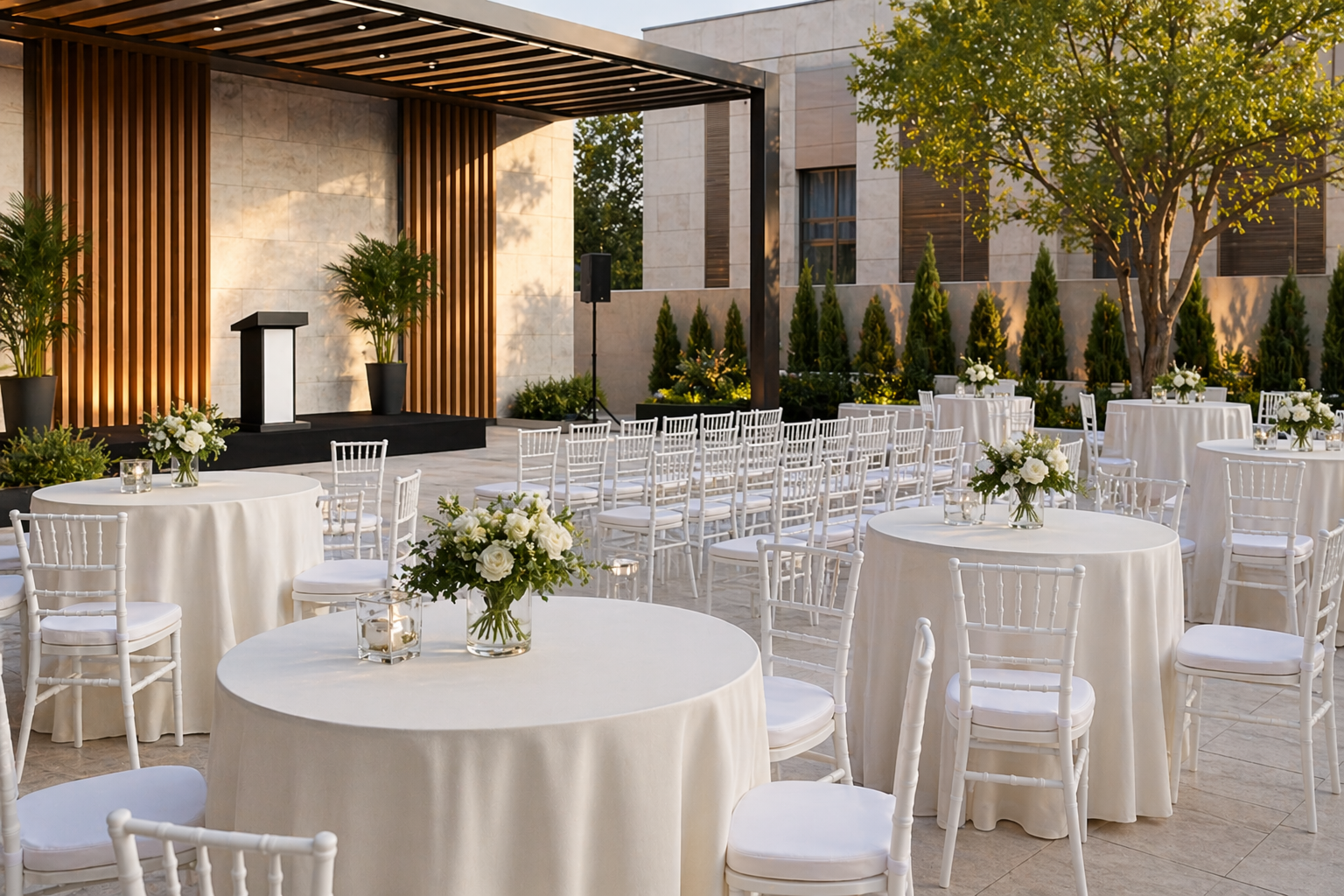 Kurumsal etkinlik için hazırlanmış masa sandalye alanı