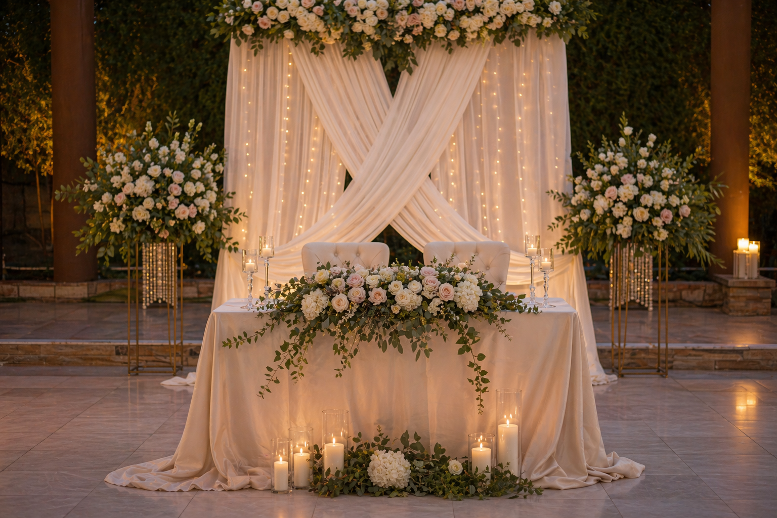 Gelin masası süslemesi ve arka fon düzeni